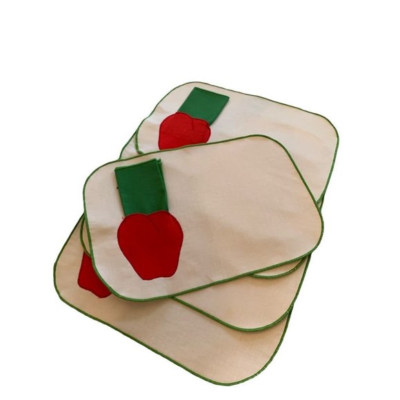Set of 6 Backed Placemats and Napkins Pockets Cherry Design Green Red - Picture 5 of 6